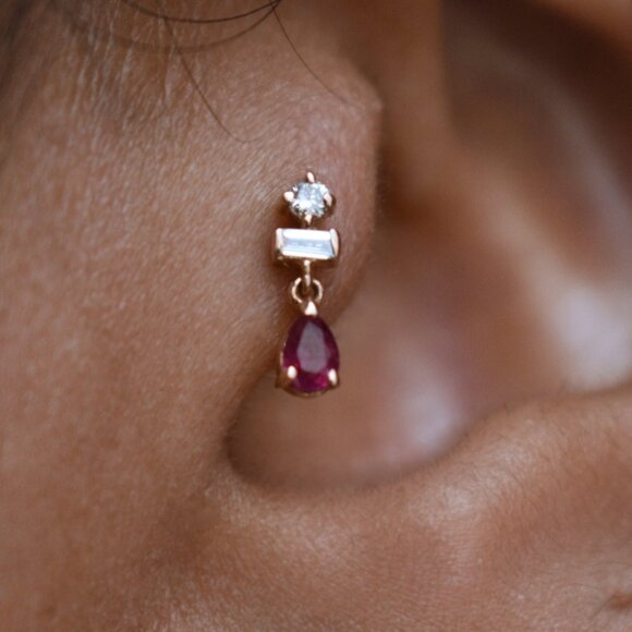 Natural Diamonds & Ruby Tiny Dangle Earring, 14k Solid Rose...